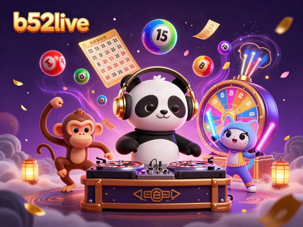 Bettors at b52live enjoy vibrant casino games with colorful elements and engaging characters in a dynamic scene.