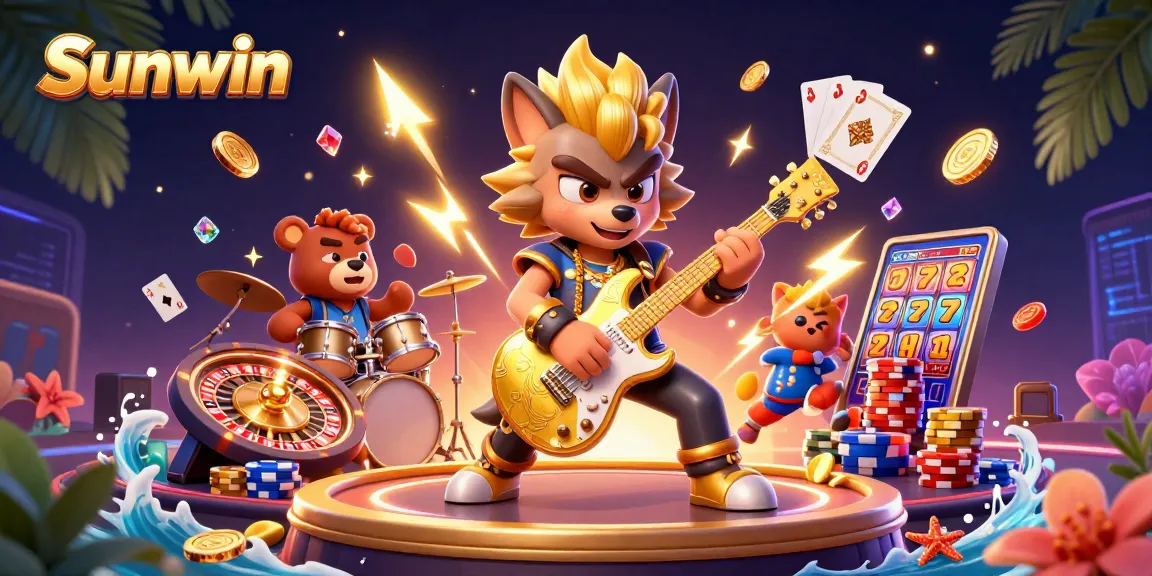 Engage with Sunwin's vibrant casino experience featuring a lively rock star wolf and sparkling games.