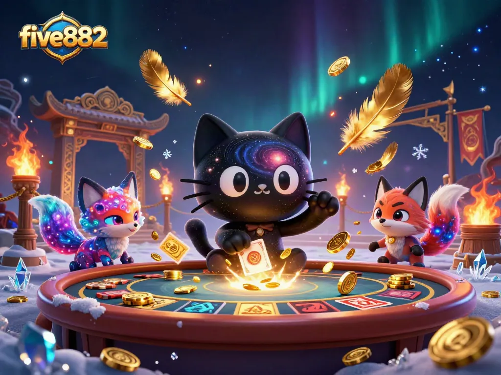 Experience thrilling gameplay at five882 with a captivating black hole cat and nebula fox in an engaging casino scene.