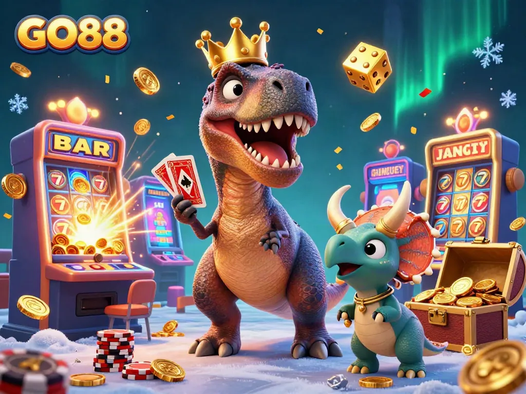 Experience excitement with GO88's vibrant casino scene, featuring playful dinosaurs and dynamic game elements.