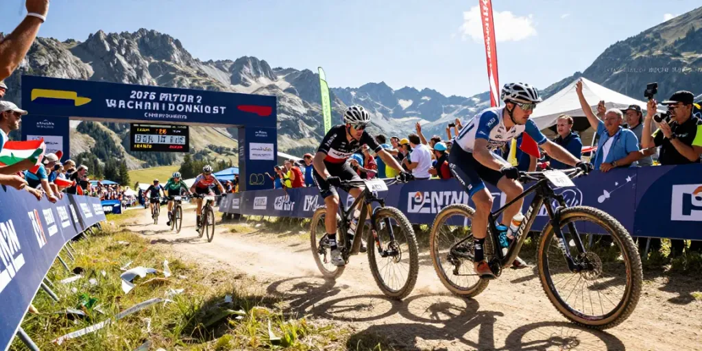 Exciting mountain biking action at the 2026 MTB World Championships with cyclists demonstrating skill in a competitive environment.