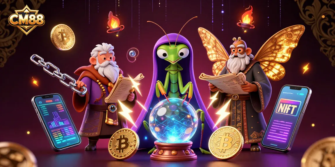 Engage with CM88's vibrant gambling world through a mystical scene full of crypto and casino elements.