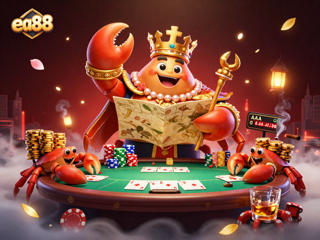 Experience thrilling gambling adventures at ea88 with a golden crab emperor leading a vibrant casino scene.