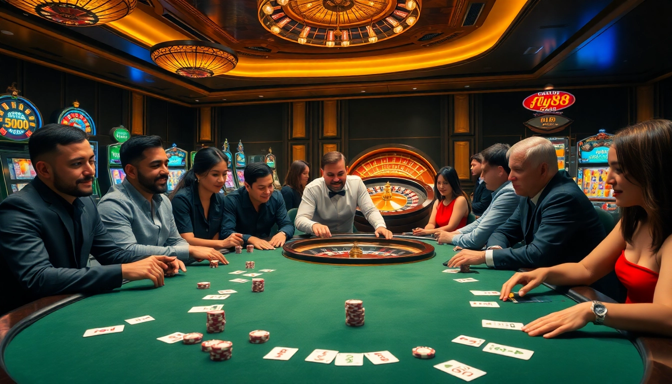 Players enjoying a thrilling game at a fly88 casino table, surrounded by vibrant slot machines.