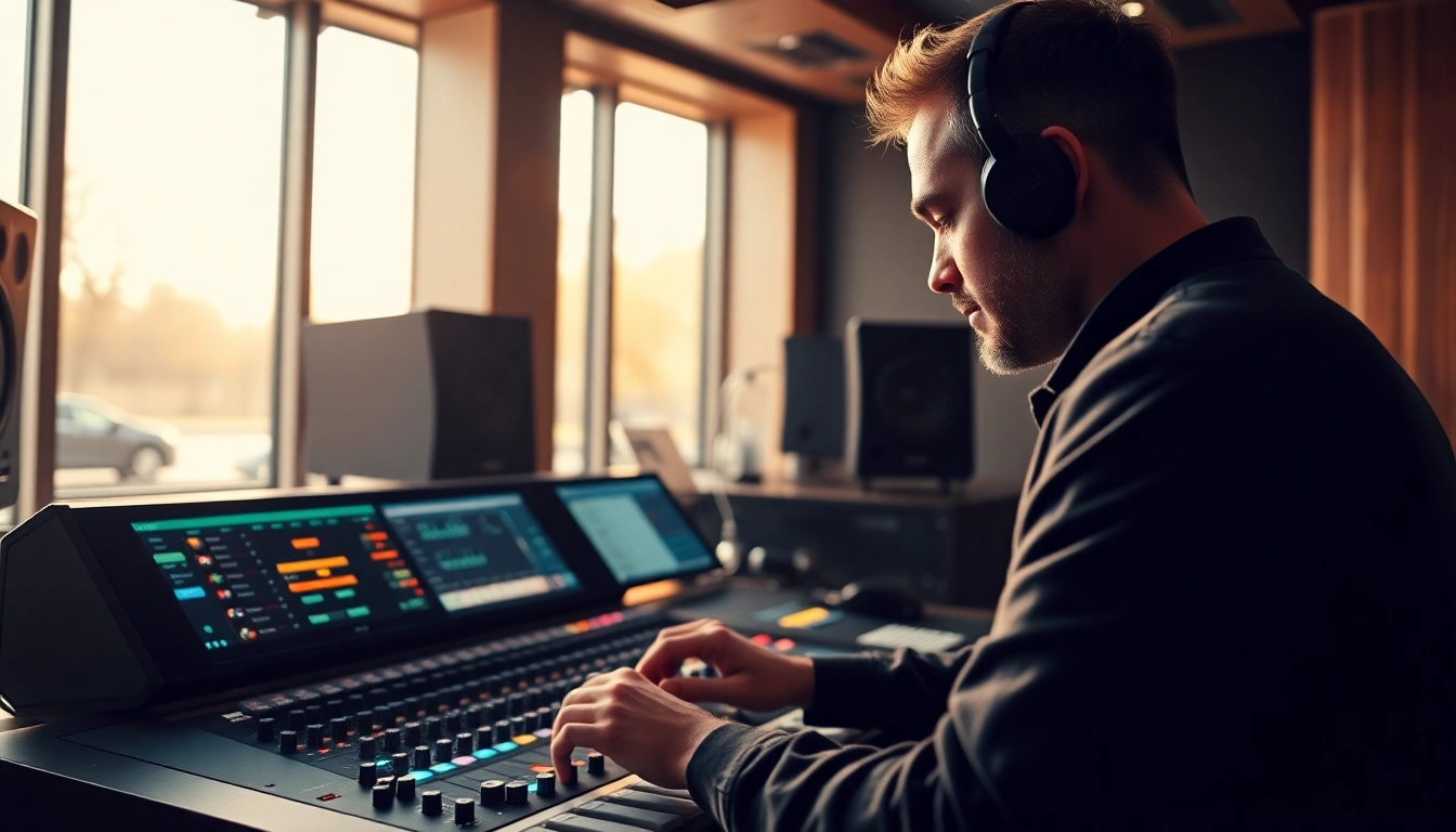 Engineer mastering audio online at a modern studio console under warm lighting.