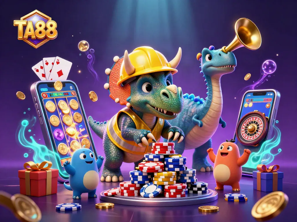 TA88 players celebrate wins while a triceratops builds poker chip stacks in a vibrant casino scene.