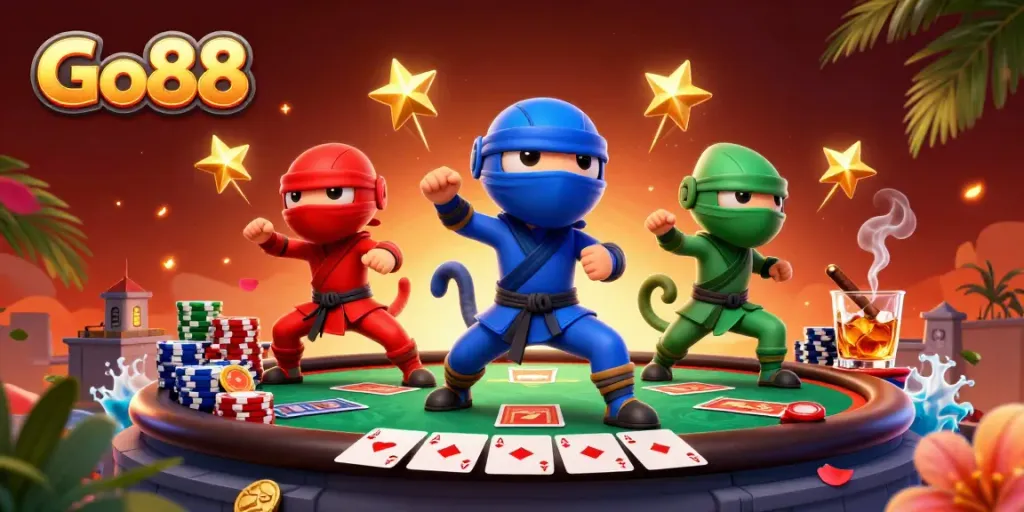 Experience thrilling martial arts and poker dynamics in the Go88 casino illustration.