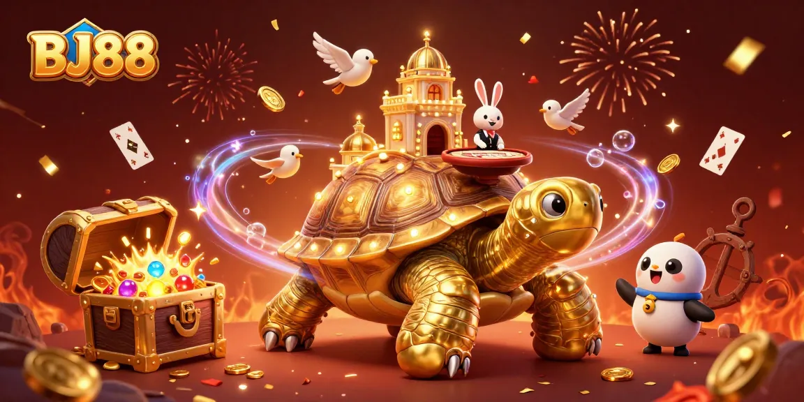 Experience wins at BJ88 with a vibrant 3D casino illustrated scene featuring exciting game elements.