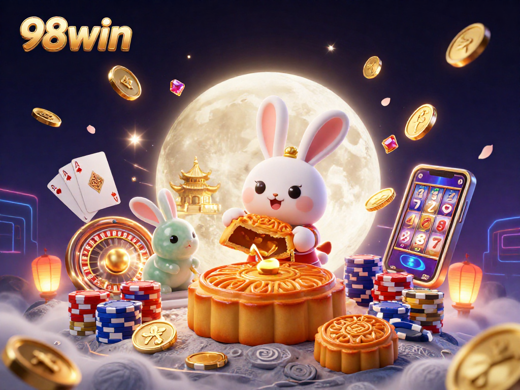 Engage in exciting nighttime gaming with 98win as moon rabbits reveal winning poker chips.