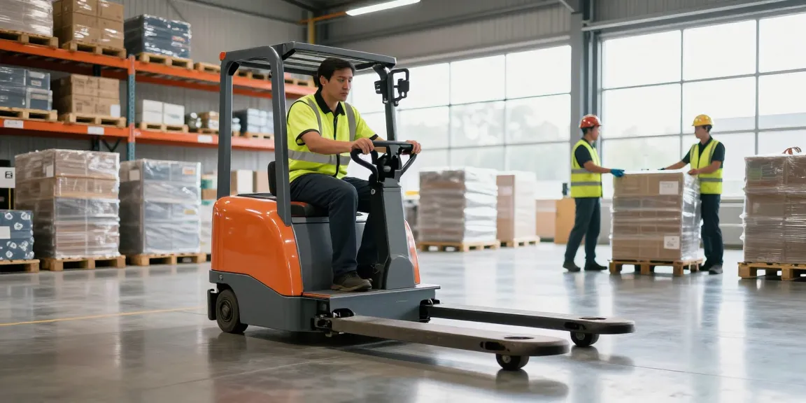 Electric pallet truck lifting heavy loads in a modern warehouse with efficient design elements, showcasing workplace productivity.