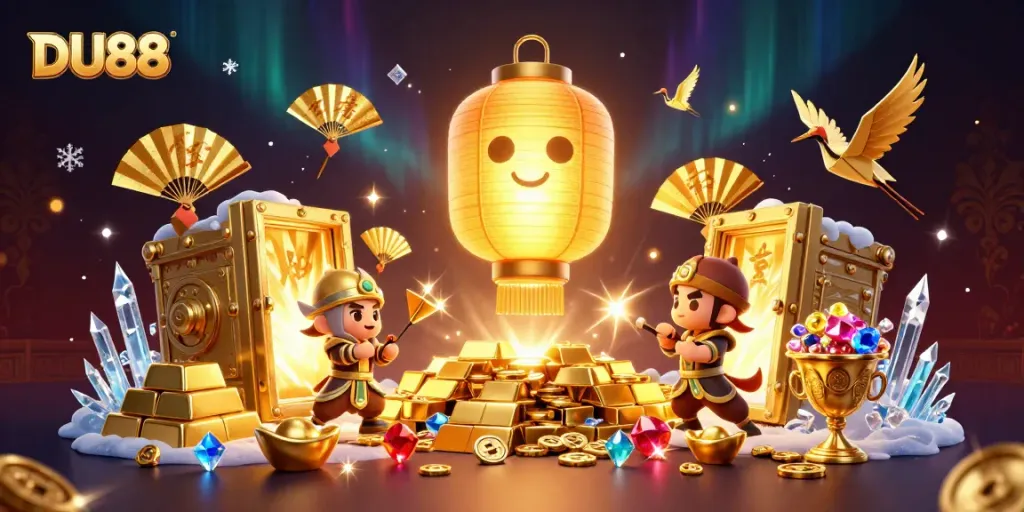 Join the excitement at DU88 as golden treasures burst forth in this vibrant casino scene.