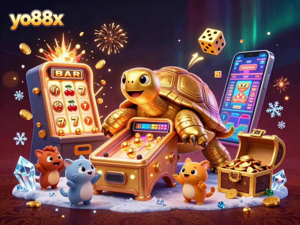 Experience the excitement at yo88x with a colorful scene of a golden tortoise pinball machine and slot games.