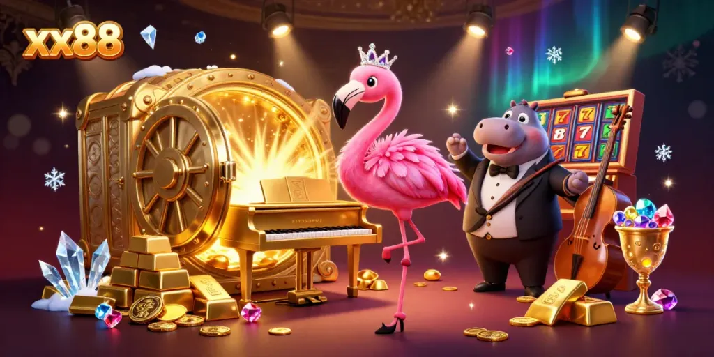 Experience the vibrant xx88 casino scene with singing flamingo, hippo bassist, and golden treasures!