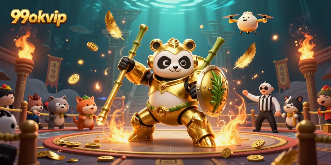 Engage with 99okvip's thrilling 3D illustration of a golden panda in action