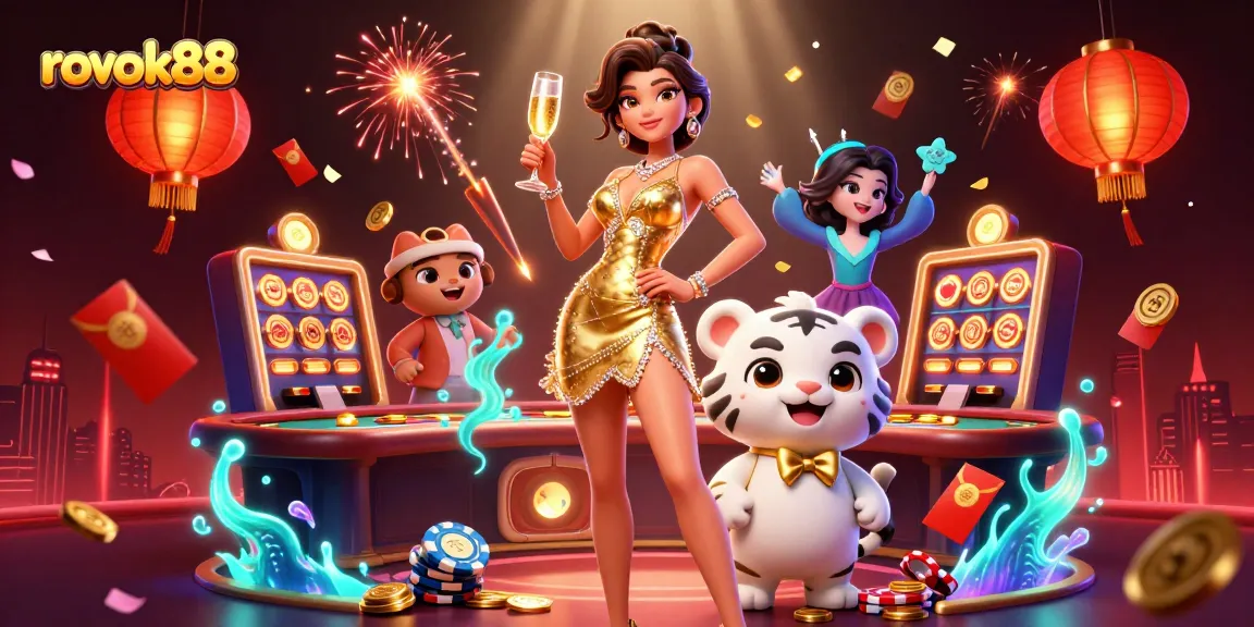 Experience the thrill of rokok88 with a glamorous casino scene filled with vibrant colors and festive elements.