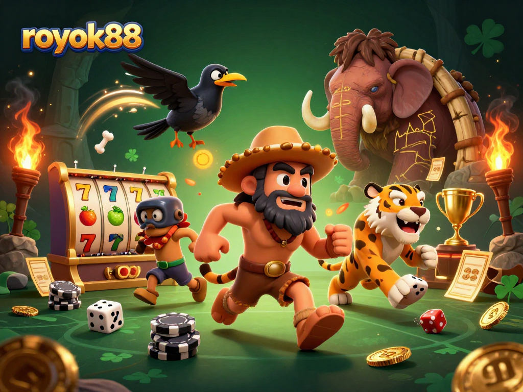 Experience thrilling action at rokok88 with a vibrant casino scene featuring cartoon characters and slot elements.