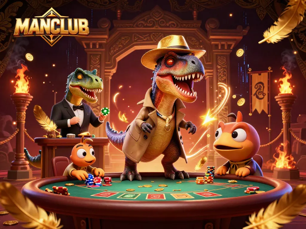 Experience thrilling gambling action with MANCLUB as cartoon dinosaurs engage in blackjack.