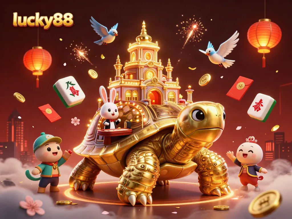 Experience exciting gaming action at lucky88 with a dynamic scene featuring a golden tortoise and vibrant casino elements.