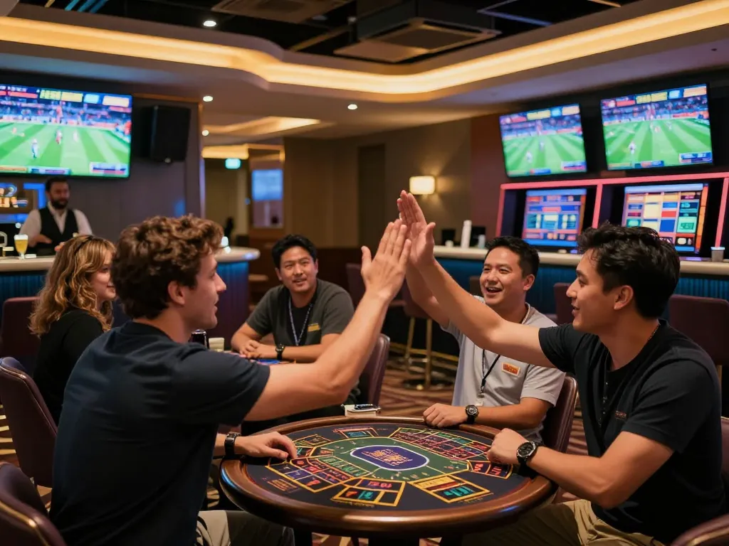 Engaged bettors analyzing odds and placing wagers at HM88's vibrant sports betting lounge