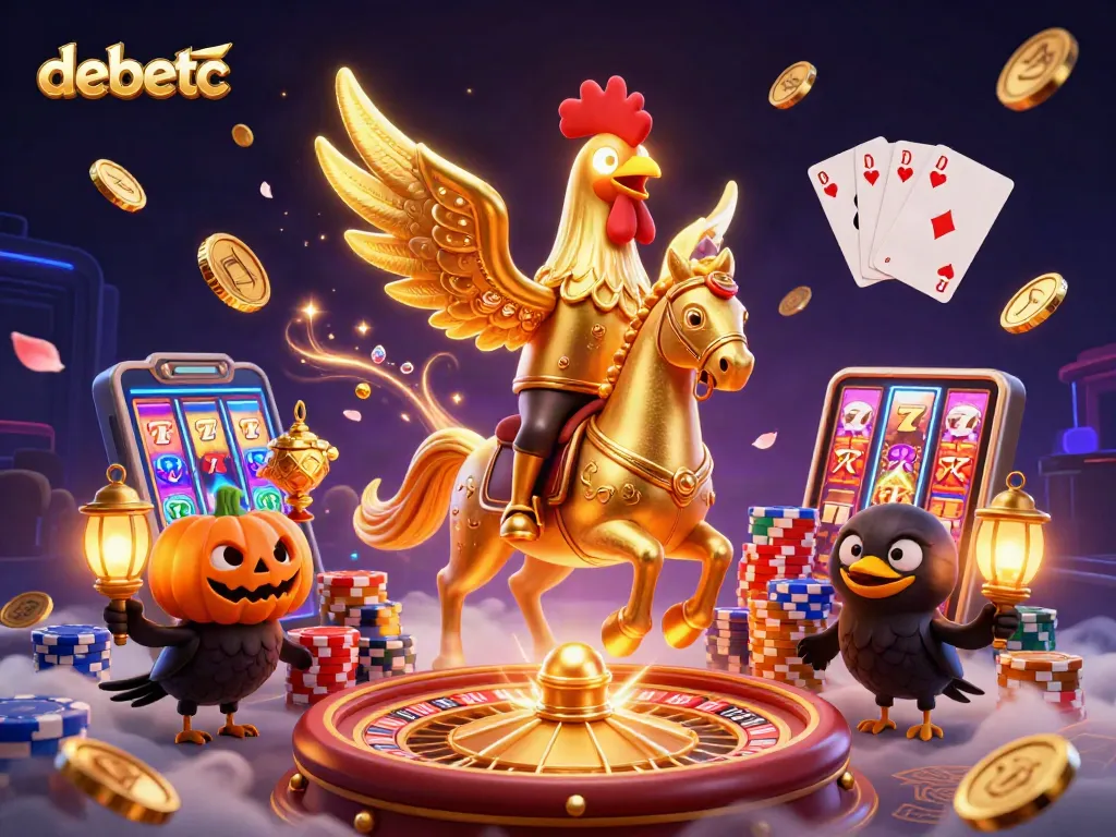 Visualize debetc with a golden rooster in a lively casino scene, showcasing elements like coins, roulette, and cards.
