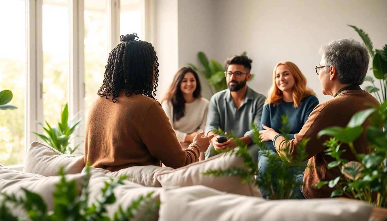 Calm therapy environment addressing stress and anxiety with diverse individuals in a supportive space.