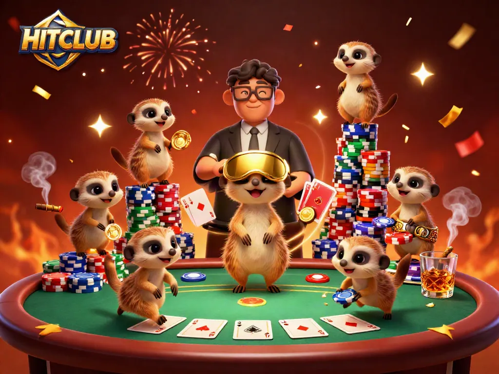 Play at HITCLUB as meerkats celebrate a dynamic casino scene filled with action and winning moments.