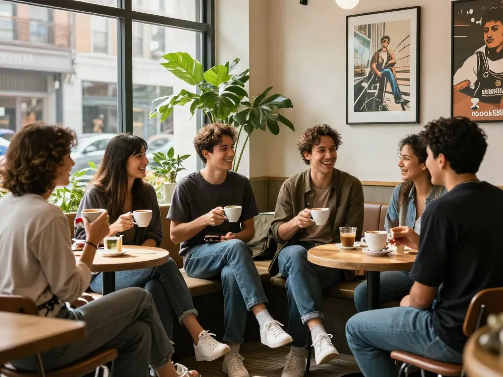 Friends enjoying coffee and conversation at a café, embodying the essence of rokok88 community.