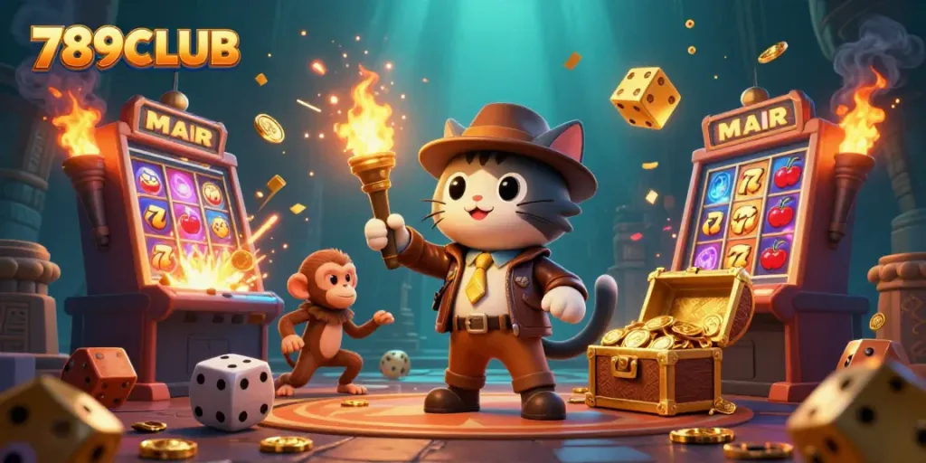 Experience the thrill of 789CLUB with a whimsical 3D cat archaeologist and casino elements bursting from a jackpot scene.