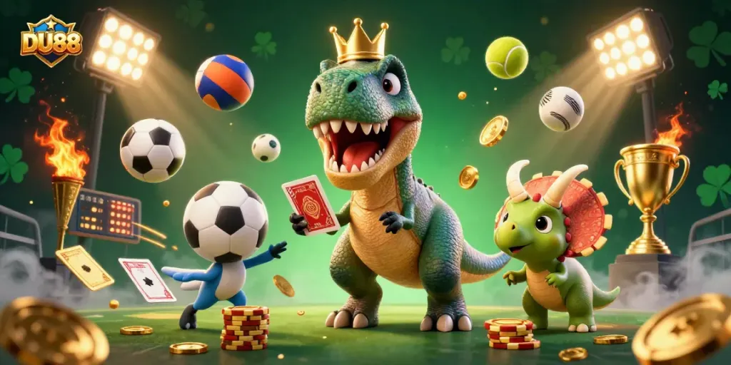 Engage with DU88 by joining the action-packed card game scene of cartoon dinosaurs delighting in fun.