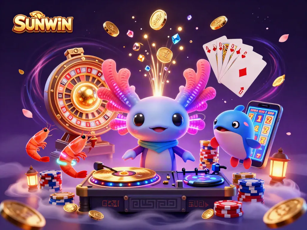 SUNWIN slots and games featuring neon-colored axolotl DJ in a vibrant underwater casino scene