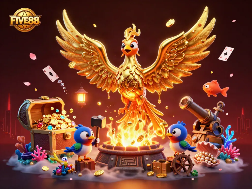 Experience abundant rewards at FIVE88 with colorful gems and floating cards in a vibrant, 3D casino scene.