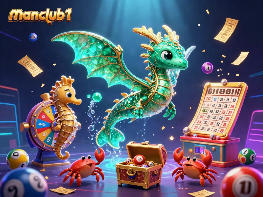 Join the excitement of manclub1 with a vibrant casino-themed underwater treasure scene filled with games.