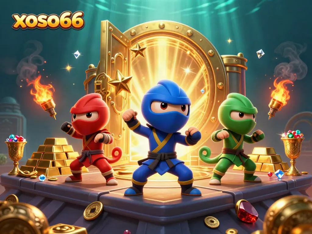 xoso66 ninja chameleons showcase synchronized martial arts amidst a treasure-filled casino scene