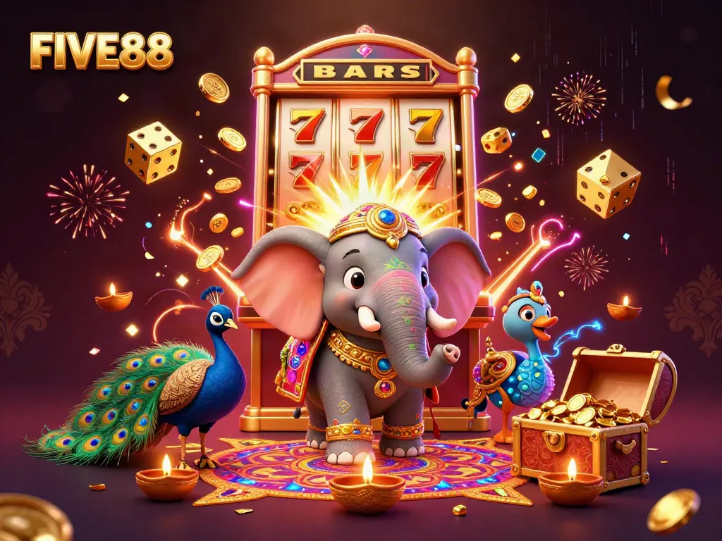 Experience the excitement of FIVE88 with a vibrant casino scene featuring a festive elephant and jackpot elements.