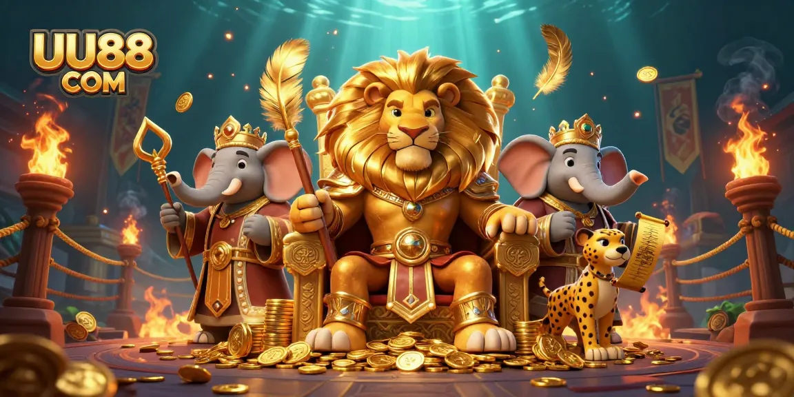Win big at UU88 COM with the lion king ruling over a lavish casino scene filled with gold and excitement.