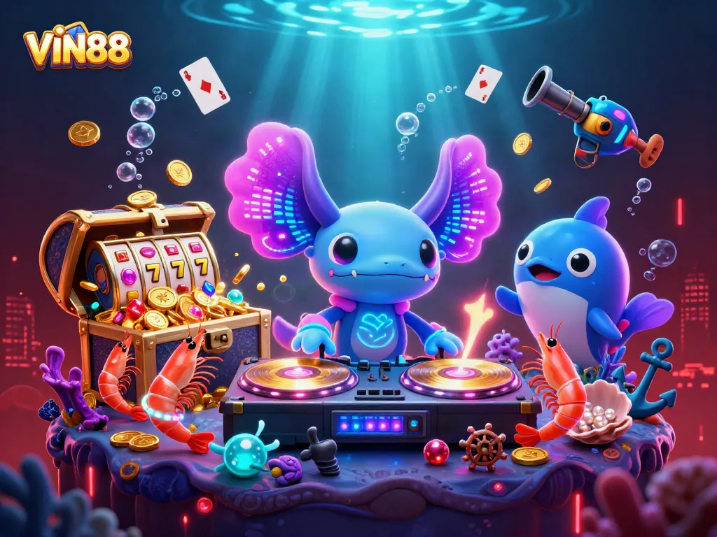 Spin to win with VIN88 at an underwater casino party featuring a vibrant axolotl DJ, gold coins, and glowing slots.