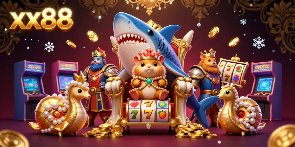 Experience the thrill of xx88 casino with an illustrated scene of a golden hamster king on a shark throne surrounded by gaming elements.