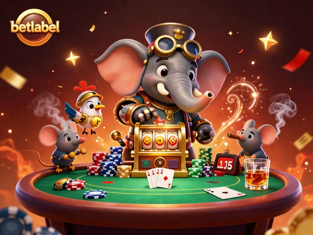 Engage with betlabel’s vibrant casino theme featuring an elephant engineer at a golden slot machine.