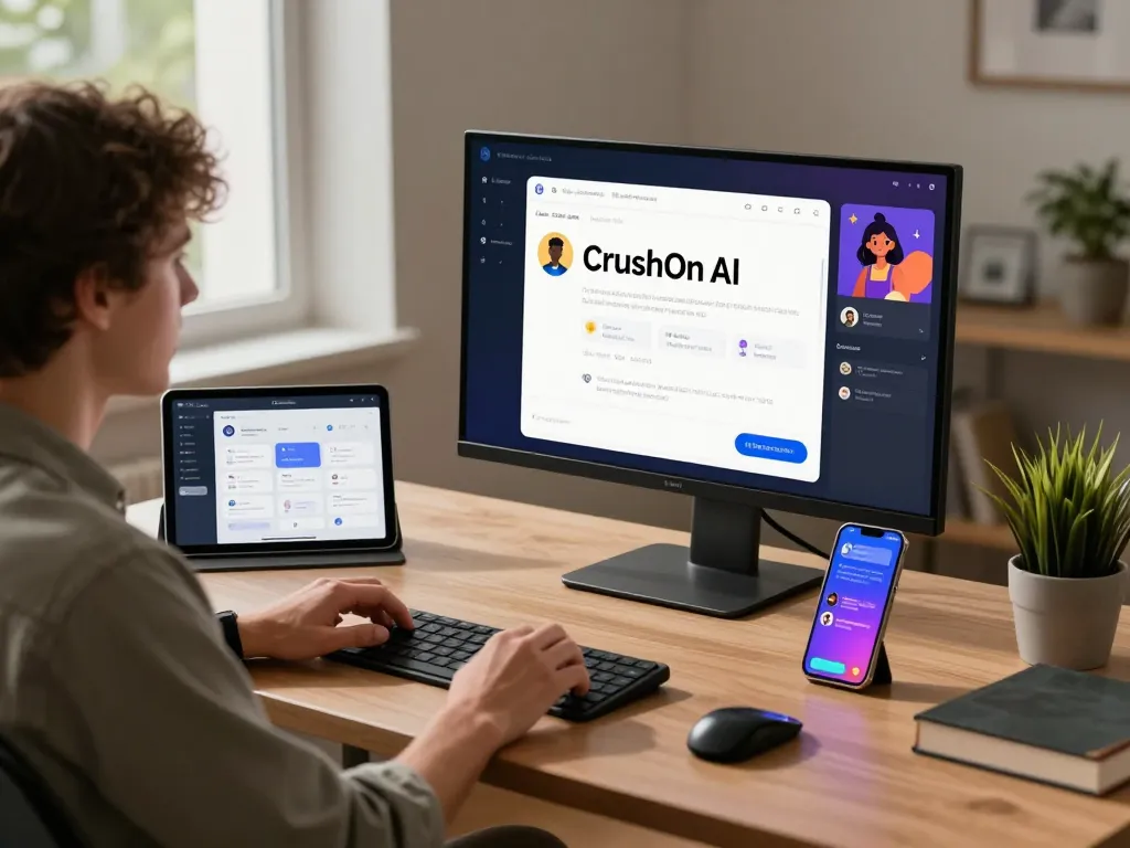 Engaged user interacting with CrushOn AI in a modern tech workspace.