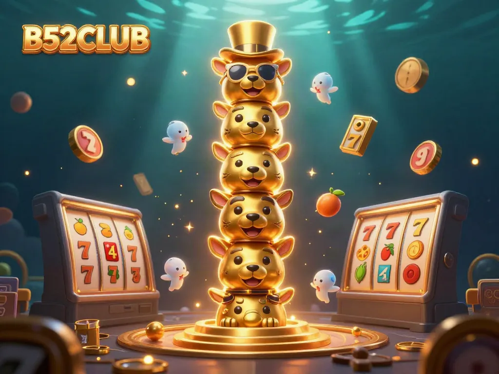 B52CLUB offers dynamic gaming action with vibrant totem characters and slot symbols in a captivating 3D scene.
