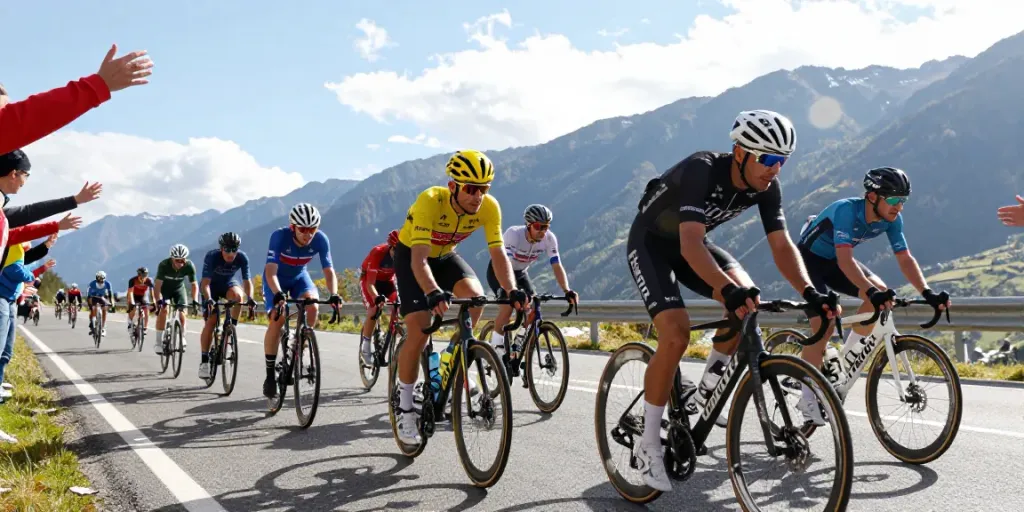 Atleti del ciclismo professionistico in gara su strada, circondati da tifosi e montagne.