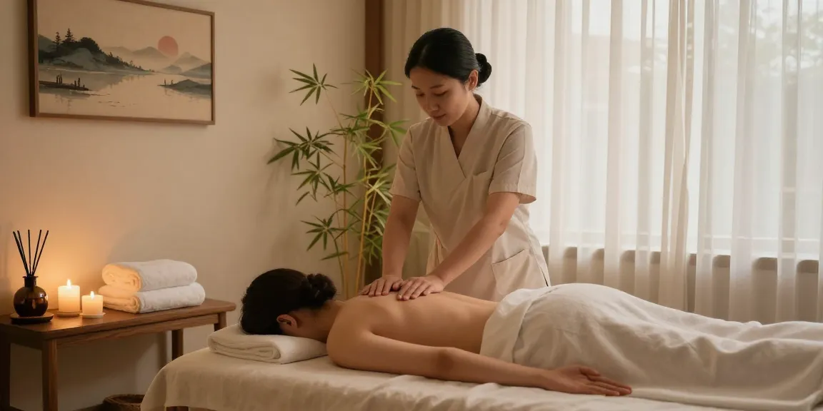 용인출장마사지 session in a serene therapy room with warm lighting and calming decor.