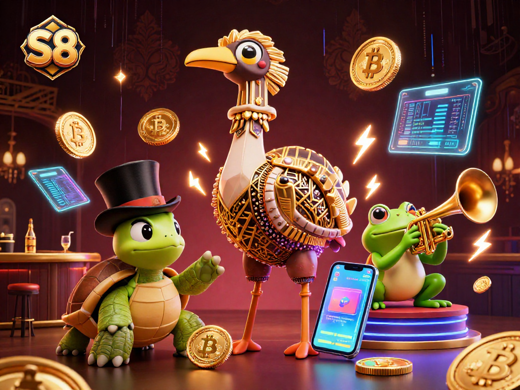 Engage with S8's vibrant online gaming scene featuring unique characters and a dynamic crypto casino backdrop.