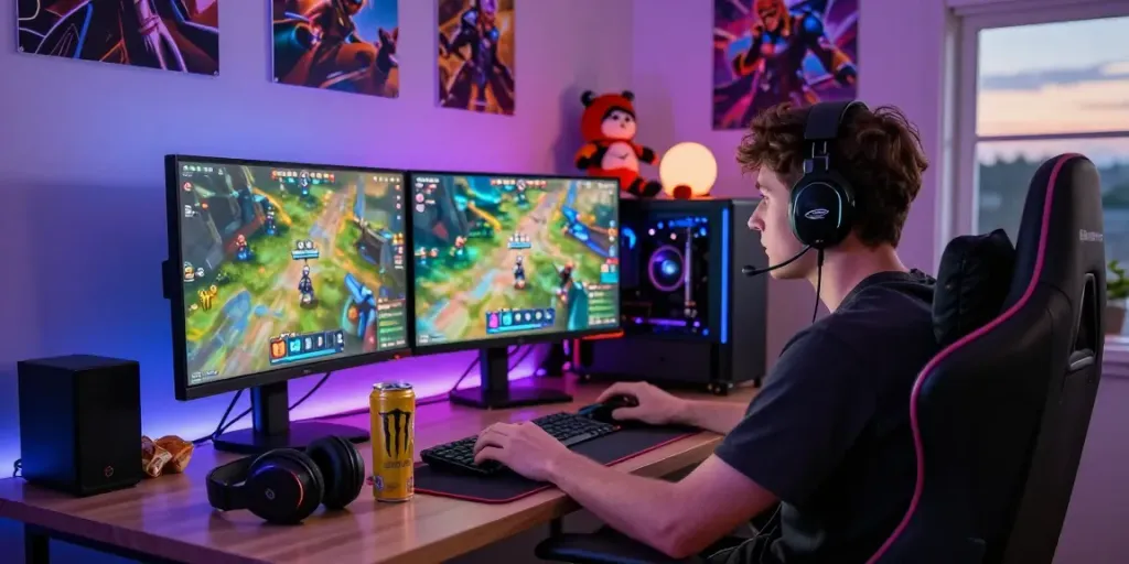 Young gamer immersed in rokok88 gameplay in a cozy, vibrant setup.