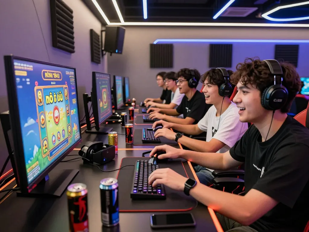 Excited gamers playing nổ hũ đổi thưởng with vibrant graphics and immersive atmosphere.