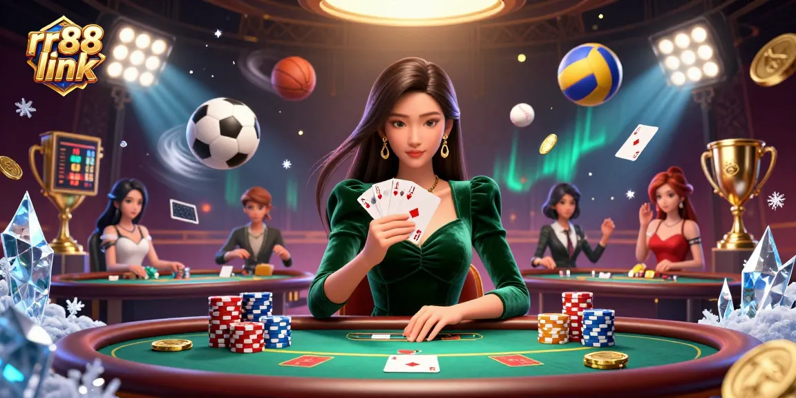 Engage with rr88 link as a beautiful Asian woman strategically plays cards at a luxury poker table.