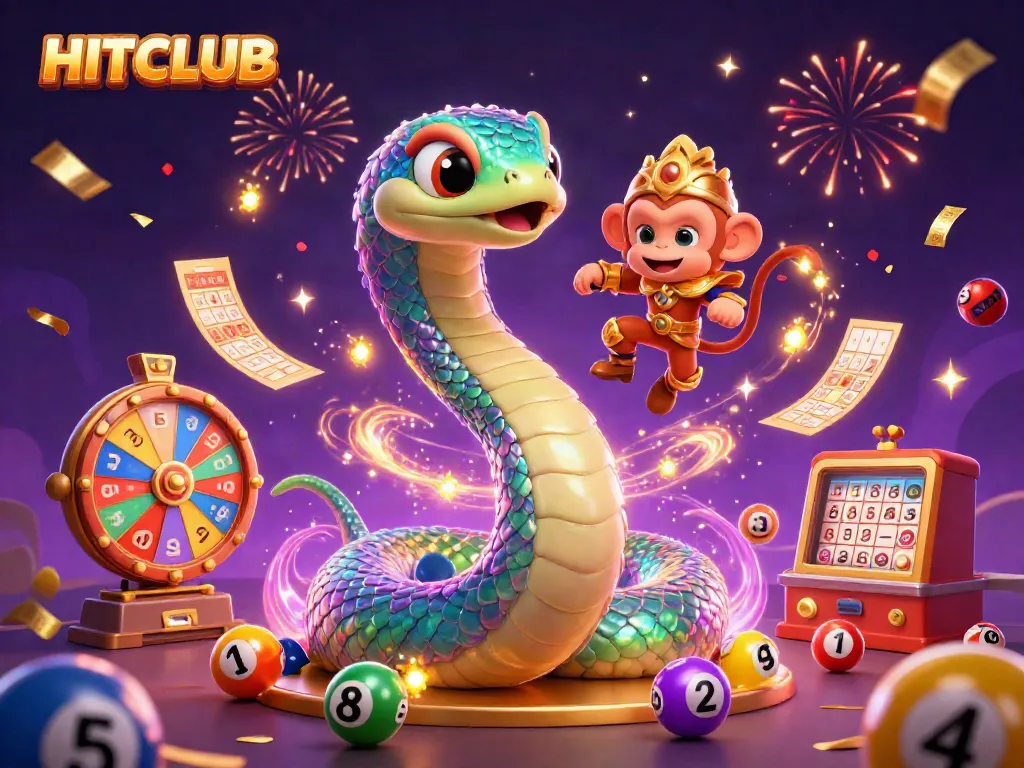 Experience the excitement of HITCLUB with an animated scene featuring vibrant colors, lottery elements, and playful characters.