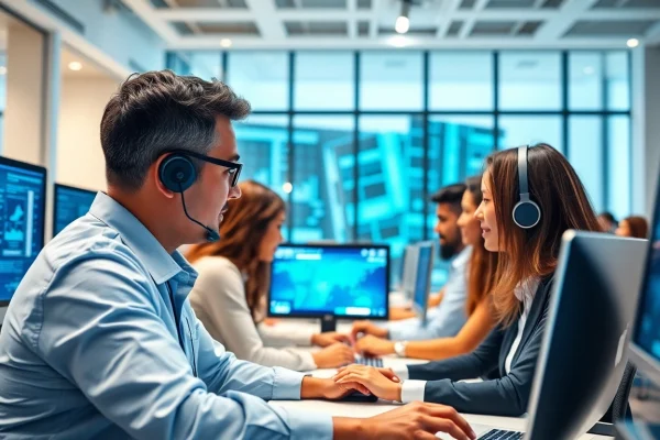 AI Employee collaborating in a modern office with advanced tech tools and a dynamic workspace.