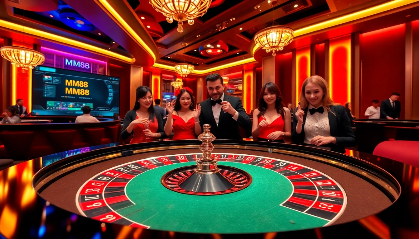 MM88 roulette table filled with vibrant chips and excited players enjoying a thrilling casino experience.