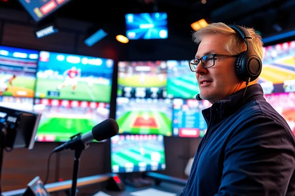 Engaging sports broadcasting studio with an analyst presenting live updates, highlighting dynamic sports events.